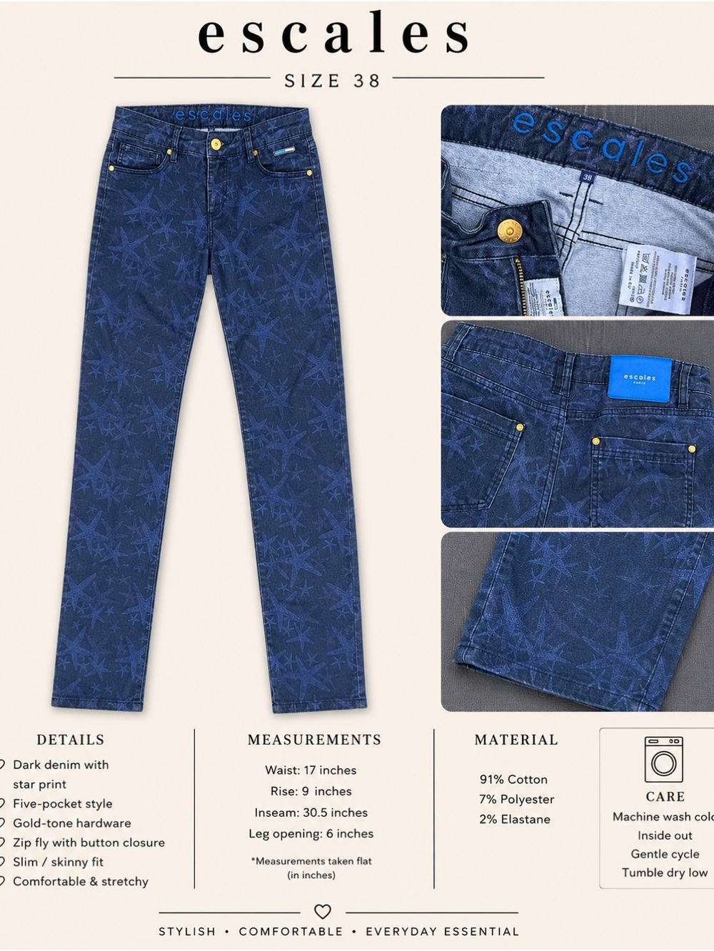 CALE Navy Star-Print Skinny Jeans